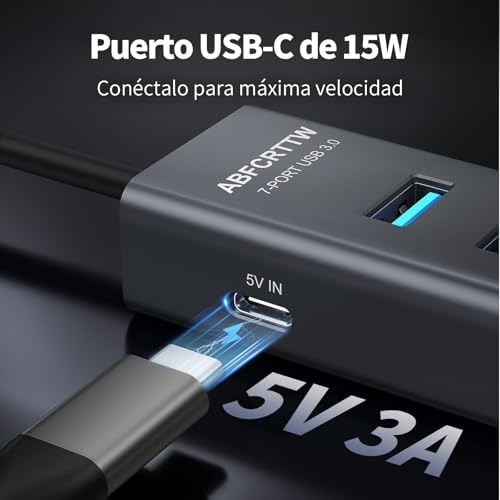 7 Puertos Hub USB 3.0 con 120cm Cable para PC Computadora, Aluminio USB Hub Adaptador multipuerto con USB 3.0 5Gbps, 4 USB-A & 3 USB-C Puertos, para PC, Laptop, MacBook, Mouse, Teclado, U-Disk etc.