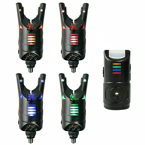 Set of 4 x Wireless Carp bite alarms & Receiver. Rolling Memory LED's, 2.5mm Jacks, 20 Second Memory LED, Supplied in a Case