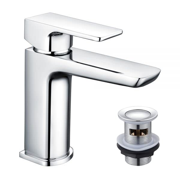 KINGBATH™ Single Lever Mini Mono Basin Mixer Tap with Click Clack Sprung Waste Bathroom Sink Hot and Cold Faucet Solid Brass Modern Chrome Plated Easy to Fit/Install