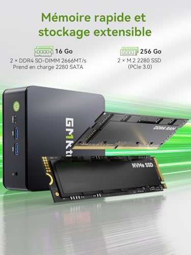 GMKtec G11 Mini PC avec AMD Ryzen Embedded R2514, 3 Ans d'assistant, 4C/8T Jusqu’à 3,7 GHz (Beats 4300U), 16Go DDR4 256Go SSD PCIe 3.0, Dual LAN 2,5G/WiFi6E/Triple écran 4K, pour Bureau/NAS/routeur