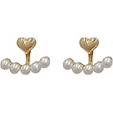 Iaceble Boho Pearl Ear Jacket Earrings Gold Heart Studs Earrings Love Heart Earrings Retro Double Sided Studs Earrings Jewelry for Women