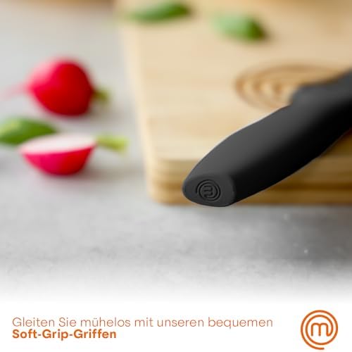 Messerblock mit Messer, Messerset mit Block, Scharfe Messer Set mit Küchenmesser, Kochmesser, Brotmesser, Schälmesser & Allzweckmesser, Edelstahlklingen, Softgriff, 6-teilig, Schwarz