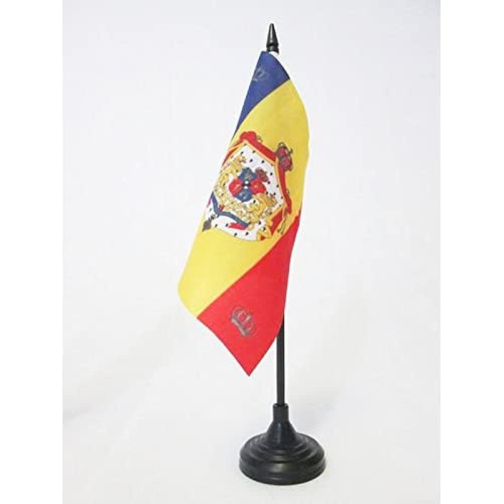 AZ FLAG Royal Standard of Romania 1881-1946 Table Flag 5'' x 5'' - Romanian kingdom Office Decoration 100% Polyester 15 x 15 cm - Mini Desk Flag with Pole and Black Plastic Base