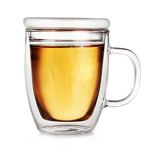 Luxtea 350ml/12.5oz Insulating Teacup Double Layer Glass Mug Heat Resistant Cup With A Glass Lid for Infusing Coffee, Milk, Tea, etc