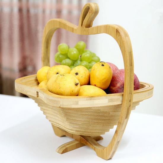 AL-FAHMI Traditional Bamboo Apple Shape Fruite Basket Collapsible Wood Foldable Fruit Apple Basket Folding Bamboo Fruit Bowl & Trivet