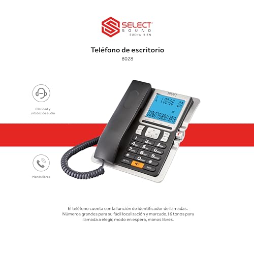Select Sound Teléfono Alámbrico De Oficina con Identificador De Llamadas, Reloj, Alarma, Luz de Pantalla para Mejor Vista