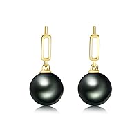 Raivari Real 18K Gold Tahitian South Sea Cultured Black Pearl Stud Dangle Earrings, 4A Quality Round Pearl Drop Earrings Gifts For Women