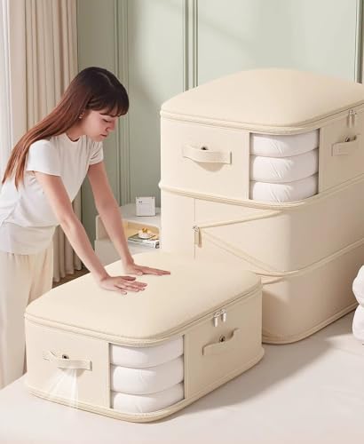Comforter Clothes Storage Bag, 2 Pack Large Capacity Blanket Store Bags, 3-Layer Ultra Space Saving Compression Organizer, Washable Compression Case for Storing Blanket, Duvet, Pillow (Beige, 130L)