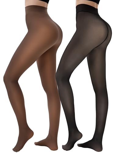 HONGTEYA 2 Pairs Fleece Lined Tights Women - Warm Sheer Pantyhose Fake Translucent Tights Winter Thermal Leggings