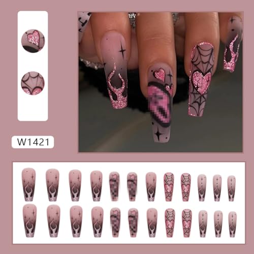 Halloween Press on Nails Long Coffin Fake Nails with Designs Cute Ghost False Nails Heart Flame Spider Skull Glue on Nails Full Cover Suqare Artificial Acrylic Stick on Nails for Women Girls 24 Pcs - Image 5