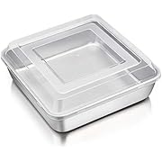 8 Inch Square Baking Cake Pan with Lid, P&P CHEF Stainless Steel Lasagna Brownie Pan and Plastic Cover for Picnic Wedding Birthday, Healthy & Durable, Leakproof Pan & Raised Lid, Dishwasher Safe