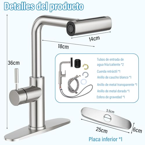 GALASALA Llaves para Fregadero de Cocina De Acero Inoxidable, Mezcladora para Fregadero Extraible, Grifo de Cocina Con 2 Mangueras Fría y Caliente, Monomando para Fregadero Con Rociador de 4 Modos