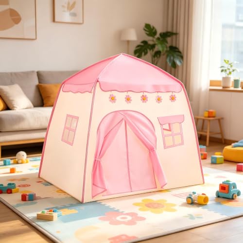 Barraca de Brinquedo Rosa 130×110 cm, Casinha de Brinquedo Dobrável e Fácil de Montar