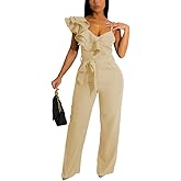 HBQ Womens Casual One Piece Jumpsuits V-Neck Sleeveless Ruffle Backless Belted Elegant Romper Wide Leg Pant Sexy Party Clubwear Overalls-Apricot-M