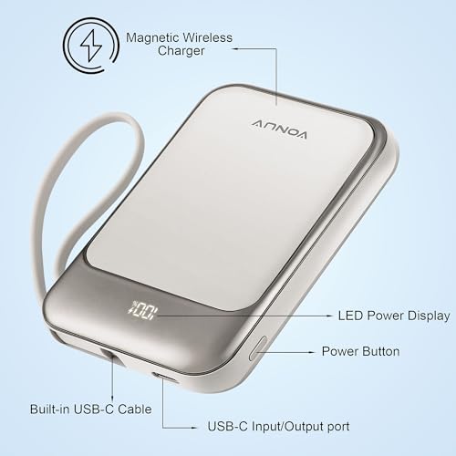 Magnetic Power Bank 10000mAh, Wireless Portable Charger with 15W Max Fast Charging & Built-in USB-C Cable, 22.5W PD LED Display Battery Pack Compatible with iPhone 17/16/15, Samsung Galaxy(white)