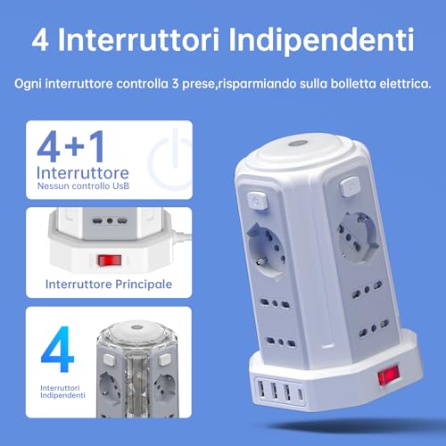 2 M Power Strip with Night Light 12 Universal Sockets 10/16A ITA and Schuko and 3 USB A+1 USB C Overvoltage Protection with 4 Independent Switches for Office, Home