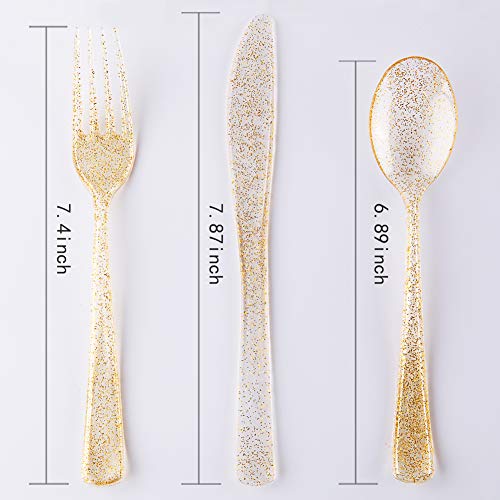 WDF 150pcs Gold Plastic Plates with Disposable Plastic Silverware&Gold