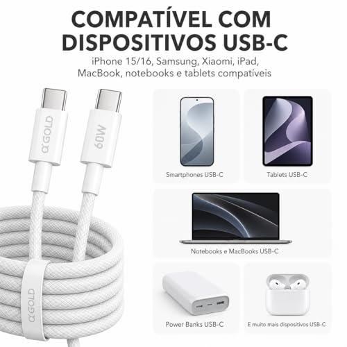 Cabo USB-C para USB-C 2 Metros 60W, Nylon Trançado Reforçado, Carga e Dados, Compatível com iPhone 15/16, Samsung Galaxy, Xiaomi, iPad, MacBook, Notebook e Tablet