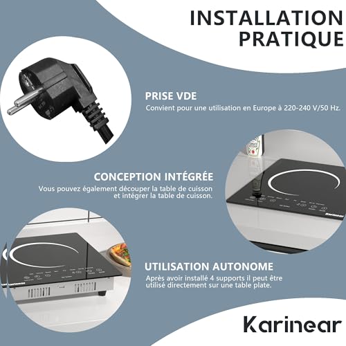 Karinear, 2-burner ceramic hob, electric hob, portable electric hob with VDE socket, child safety, residual heat indicator, 220-240 V