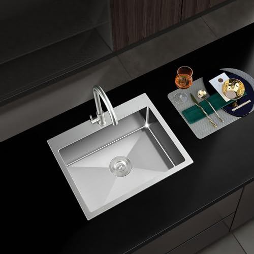 TSIBOMU 24 Inch Kitchen Sink Drop-in, 18 Gauge Stainless Steel Single Bowl Single Faucet Hole Top Mount Workstation Sink, D24 xW18 xH9