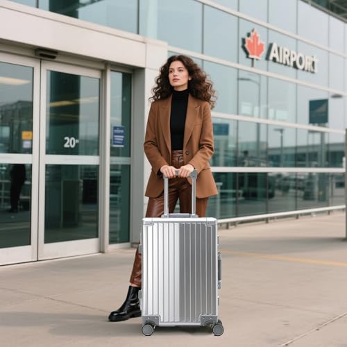 Simanli All Aluminum 20 inch Suitcases Carry On Luggage Hard Shell Suitcase Boardable Cabin Trolley Case Luggage with TSA Locks Silent Spinner Wheels, Silver, 24 inch