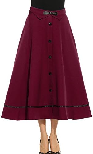 ANGVNS Women Casual High Waist Knee Length Big Hem Pleated Solid Zipper Skirt for Office
