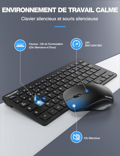 TECKNET France AZERTY 2.4G Silent Wireless Keyboard and Mouse with Nano USB Receiver, 12 Multimedia Shortcuts for Computer, PC, Laptop, Desktop