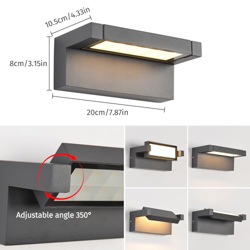 22W LED Indoor and Outdoor Wall Light, IP65 Waterproof Outdoor Light, 3000K Warm White, Wall Light with 350° Adjustable Panel for Garden, Terrace, Dark Grey