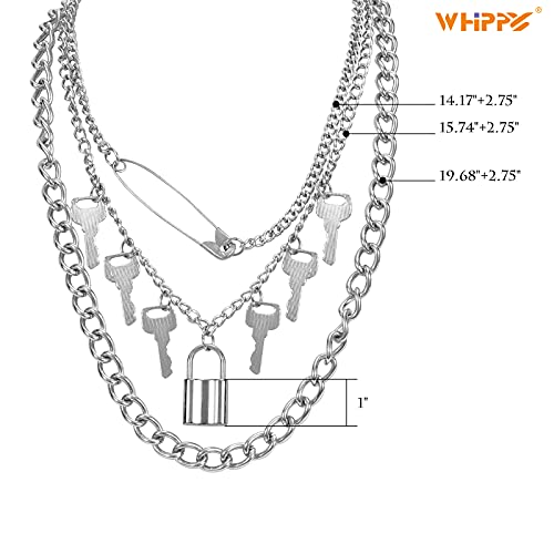 3 PCS Layered Chain Necklace Set for Men Women Stainless Steel Lock Pendant Necklace Punk Choker Necklaces Silver