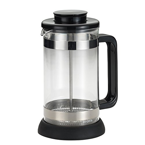 BonJour Coffee Borosilicate Glass French Press with Coaster & Scoop, 33.8Ounce, Riviera, Black