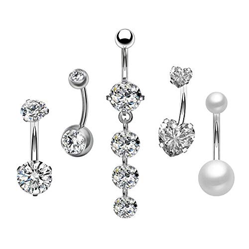 Melighting 5pcs Belly Bars Navel Piercing Jewellery 14g 316L Stainless Steel Belly Button Ring Clear CZ Navel Bar Belly Ring Dangle