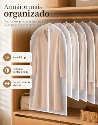 kit 5 Capa Protetora para Roupas com Zíper Transparente 60x120cm – Anti Poeira, Anti Mofo, para Terno, Vestido, Casaco, Jaqueta e Guarda-Roupa (5)