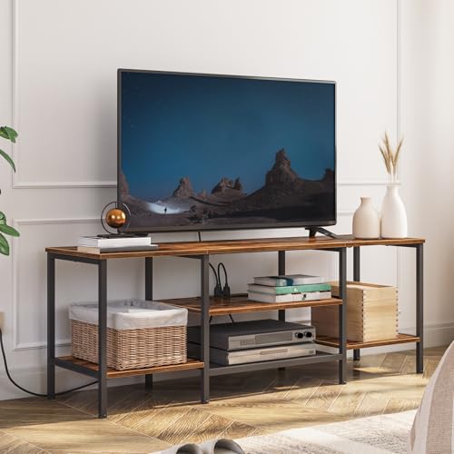 3 Tier TV Stand Table for Living Room, 140 cm TV Shelf for up to 40-65 Inch, TV Unit with Charging Station, Industrial TV Entertainment Center with Open Shelves for Bedroom, Rustic Brown EBF40KDS01