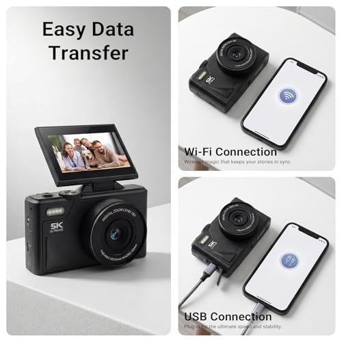 5K Digital Camera for Photography - 75MP WiFi Vlogging Camera for YouTube, Travel Flash Camera for Beginners Adults, UHD 18X Zoom with Flip Screen 3" 180°, 64 GB SD Card, 2 Batteries, Black