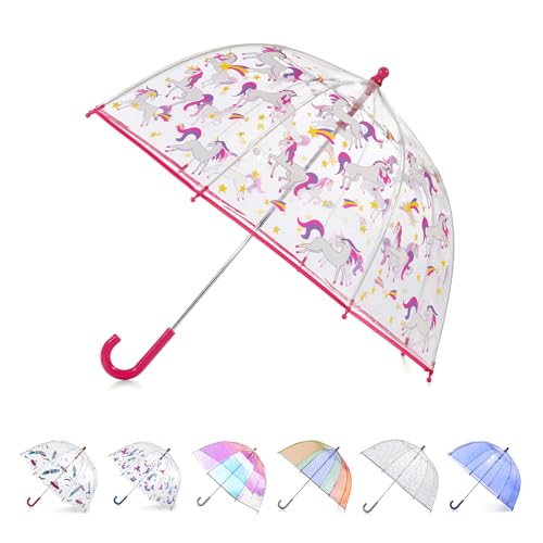 Totes Guarda-chuva infantil transparente com dossel de cúpula, design leve, guarda-chuva de proteção contra vento e chuva, Unicórnio rosa, Kids - 38" Canopy, Guarda-chuva transparente com cúpula,