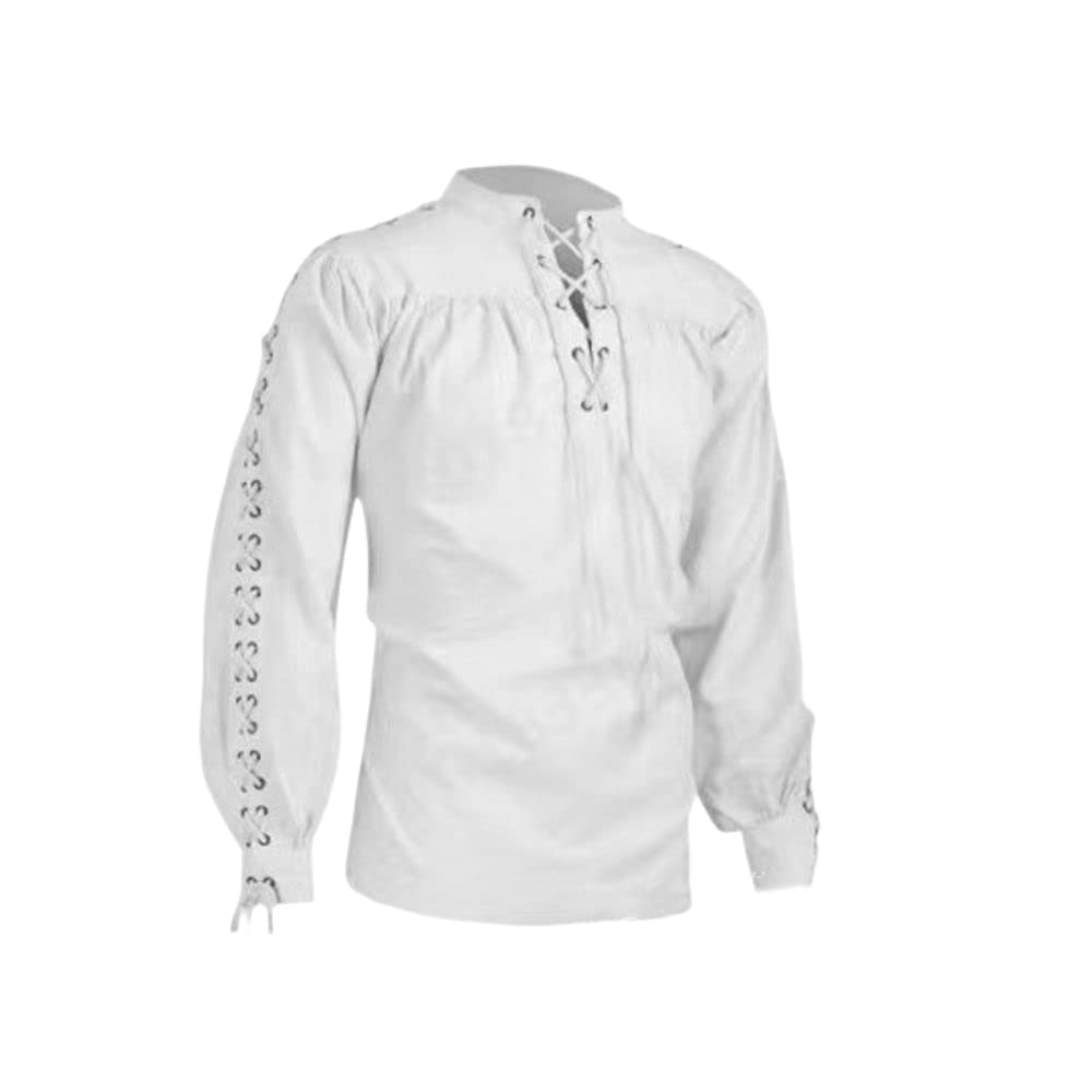 BaronHong Men's Pirate Shirt Viking Steampunk Retro Renaissance Medieval Gothic Victorian Halloween Costume(White,L)