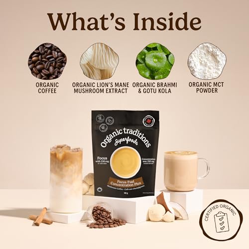 Organic Traditions Focus Fuel Mushroom Coffee, Instant Coffee with Lion’s Mane, MCT Oil Powder, Adaptogens, Coconut Milk, Smooth Dairy Free Blend for Daily Focused Energy, Organic Coffee, 280g / 10oz