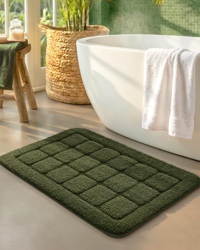 Color&Geometry Ultra Soft Bathroom Rug, Non Slip Machine Washable Bath Mat with Rubber Backing, Plush Fluffy Absorbent Carpet for Bathroom Floor, Tub and Shower, 17"x47", Green