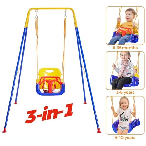 AM ANNA 3-in-1 Toddler Swing Set with Stand, Indoor/Outdoor Baby Swing with Foldable Metal Stand, Kids Swing Set for Backyard, Clear Instructions, Easy to assemble and store