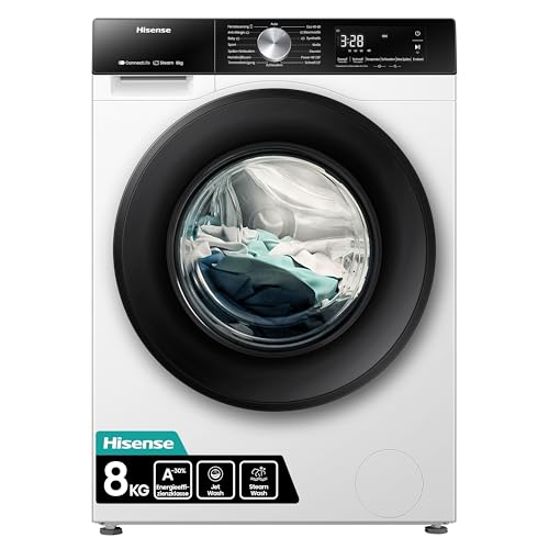 Hisense WF3S8043BW3 Waschmachine mit Dampffunkunktion, 8 kg, 1400 U,min, WIFI, ConnectLife, Power JetWash, Anti-Allergie Programm, Aqua Stop, Auto Was