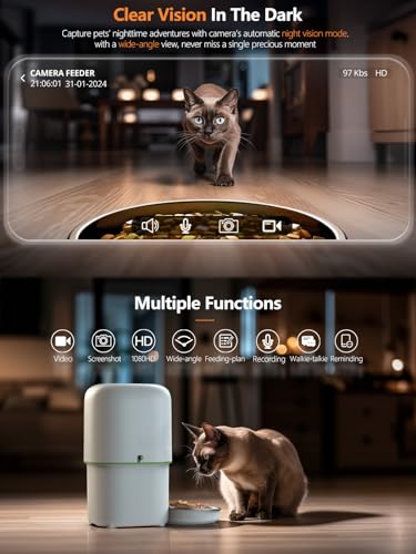 Yuposl Automatic Cat Feeder with Camera, 5G WiFi Cat Food Dispenser App Control 1080 HD Video with Night Vision, 4L Automatic Dog Feeder, Desiccant to Keep Dry Food Fresh, White