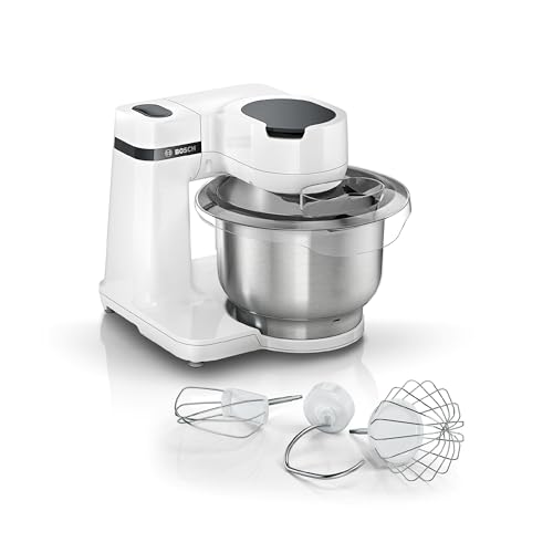 Bosch Küchenmaschine Serie 2, kleine Küchenmaschine, Edelstahl-Schüssel 3,8 L, Knethaken, Schlag-, Rührbesen spülmaschinenfest, 4 Arbeitsstufen, 700W, weiß, MUMS2EW00