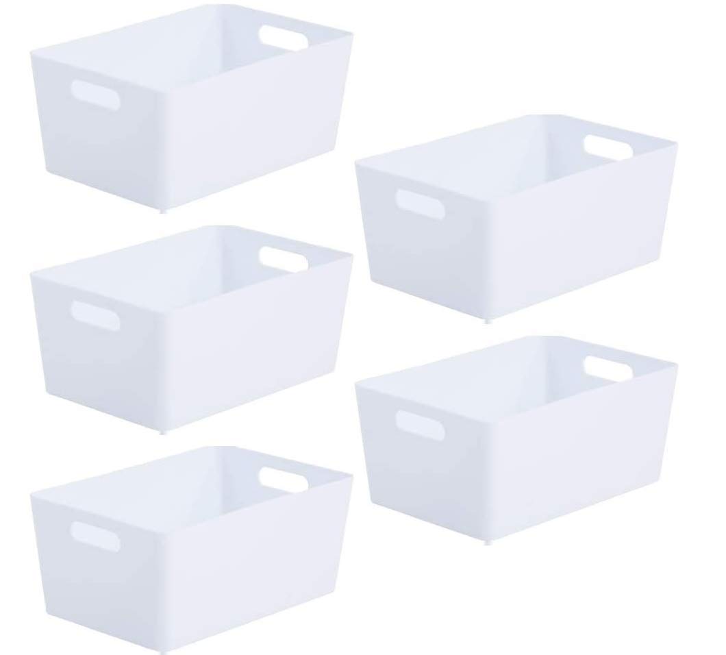 Wham Studio 5 x 3.9L Rectangular Plastic Storage Baskets | Ideal for Kitchens, Bathrooms, Stationery & More | Easy Access Integrated Handles | Made in the UK - Ice White