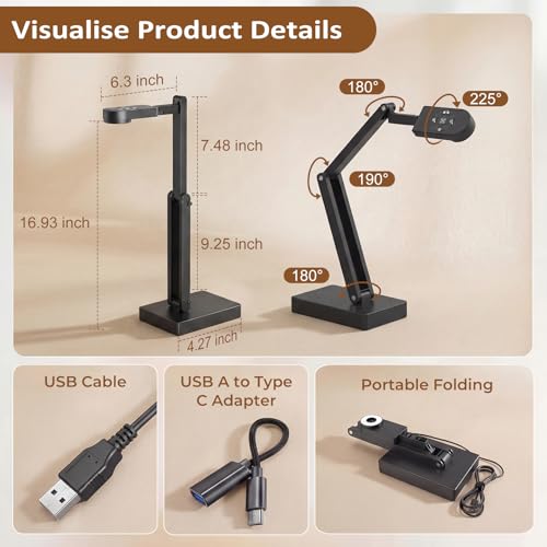 Visualiser for Teaching: 12MP Document Camera & 4K Webcam with Manual Zoom, Auto Focus, Built-in Mic, LED Light, For Mac/Windows/Chromebook, Zoom/OBS | for A3, Distance Learning, Online Art