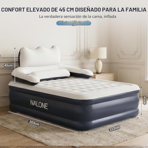 NALONE Double Inflatable Mattress with Built-in Pump & Integrated Backrest, 2 Seater Inflatable Mattress, Self-Inflating Inflatable Bed for Camping and Home 203x152x45cm (Queen)