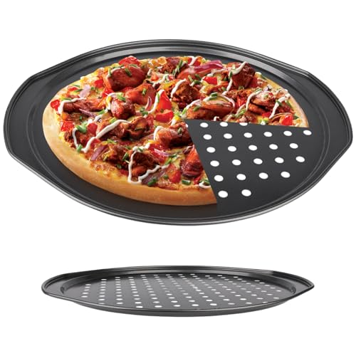 Xoeryoy Pizza Pans 14 Inch Steel Rust-Free Nonstick Pizza Pan with Holes & Handle 0.4mm Thick Round Tray for Bread Cakes Baking