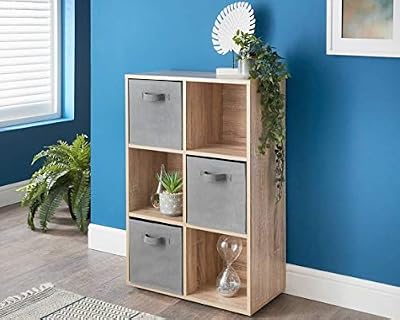 spot on dealz 6 Cubes Wooden Storage Shelf Oak Grey Fabric Baskets 60x28x89cm