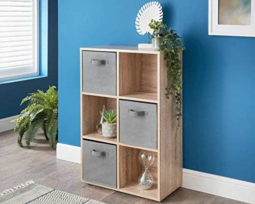 spot on dealz 6 Cubes Wooden Storage Shelf Oak Grey Fabric Baskets 60x28x89cm