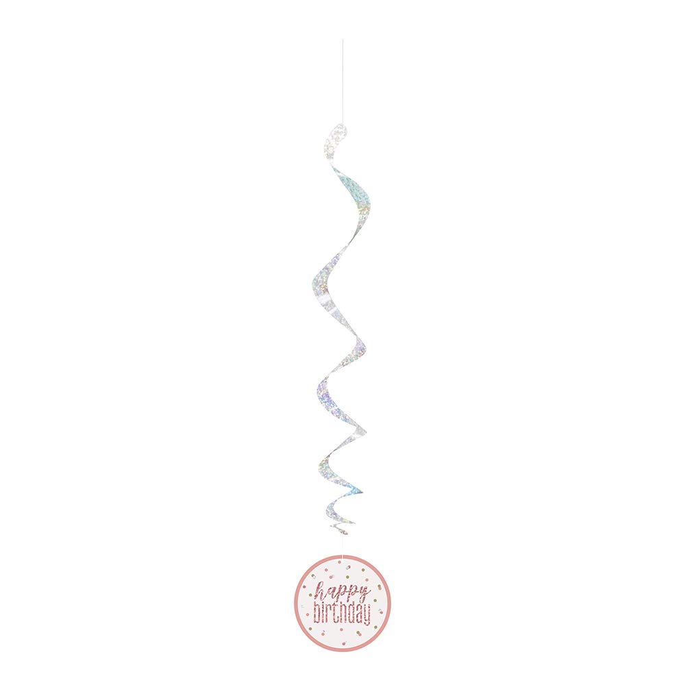 "Happy Birthday" Hanging Swirl Decorations - 32" | Glittery Rosegold | 6 Pcs.