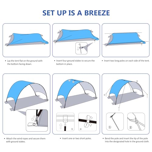 Beach Shelter with UV Protection UPF 50+ - Portable Beach Canopy & Sun Protection for Beach, 360° Ventilation, 4 Sandbags, Double Pockets, Pegs & Ropes (270 x 165 x 158 cm + 190 x 250 cm)